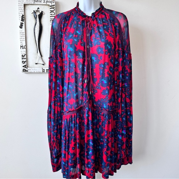 FREE PEOPLE Dopamine Boho Love Letter Oversized Flowy Red Floral Tunic Top Sz M - Picture 1 of 17